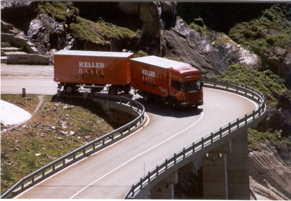 Keller Basel swap body truck and trailer on the Grimsel Pass - 1998.